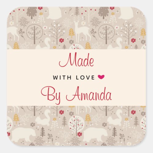 Made with Love Cute Forest Animals Nordic Pattern Square Sticker