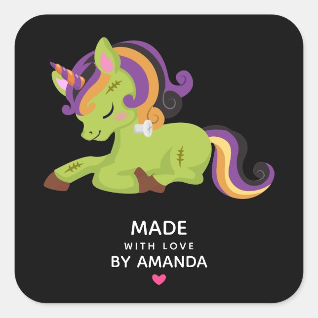 Made with Love Cute Frankenstein Unicorn Halloween Square Sticker (Front)
