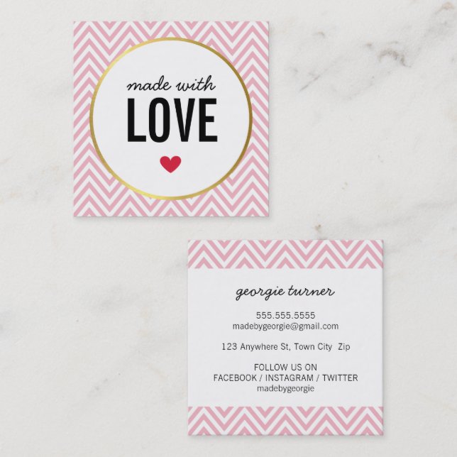 MADE WITH LOVE cute packaging chevron black pink Square Business Card (Front/Back)