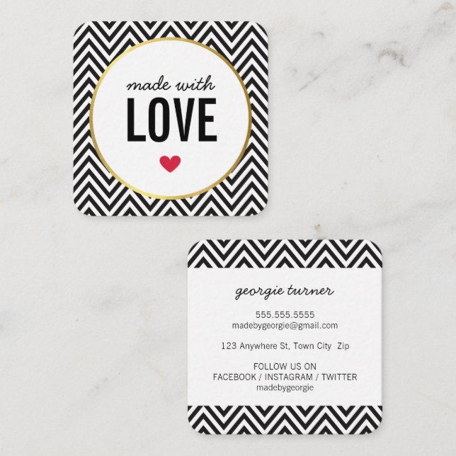 MADE WITH LOVE cute packaging chevron black white Square Business Card (Front/Back)
