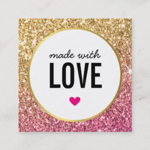 MADE WITH LOVE cute packaging glitter gold pink Square Business Card