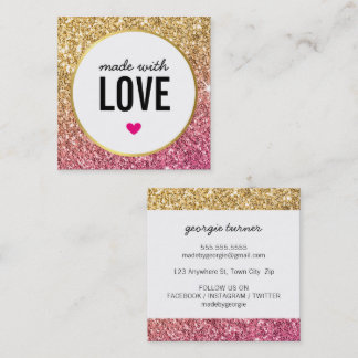 MADE WITH LOVE cute packaging glitter gold pink Square Business Card