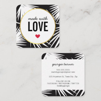 MADE WITH LOVE cute packaging palm leaves black Square Business Card