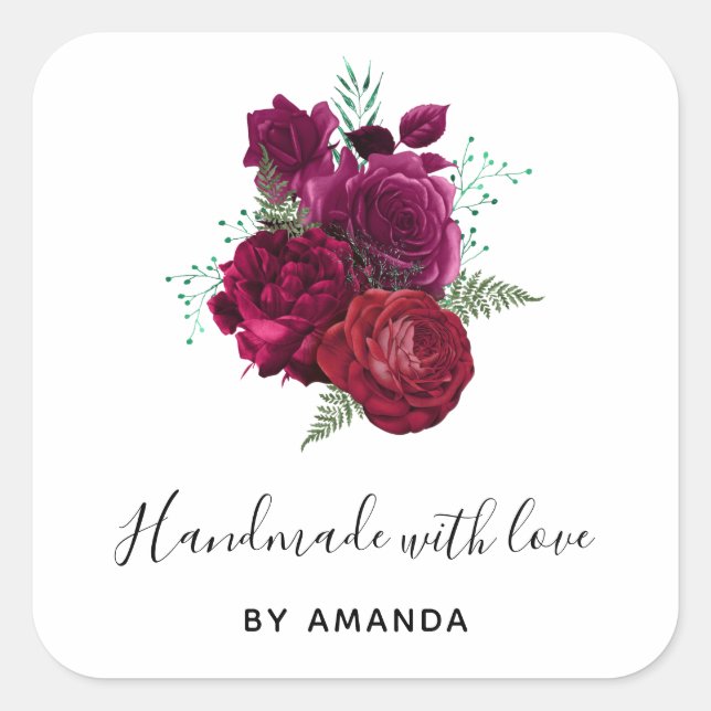 Made with Love Elegant Magenta Rose Floral Bouquet Square Sticker (Front)