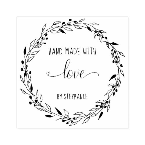 Made With Love Floral Heart Wreath Personalized Rubber Stamp