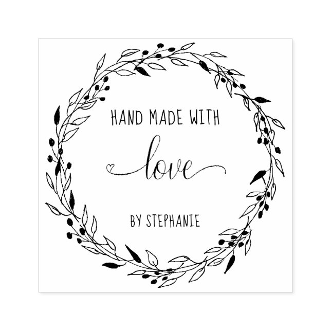 Made With Love Floral Heart Wreath Personalized Rubber Stamp (Imprint)