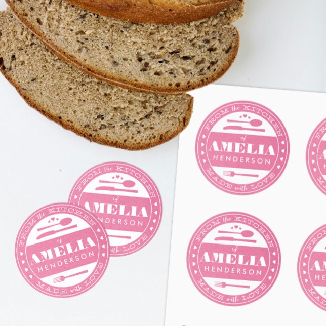 Made With Love Food Gift Sticker pink kraft (pink custom homemade treats gift sticker from the kitchen and made with love)