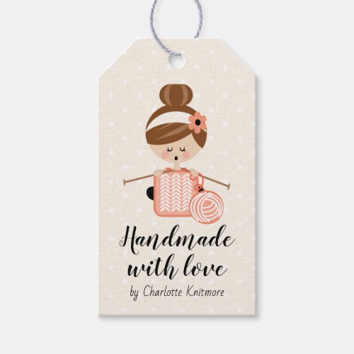 Made with Love Gift Tag Knitting Girl Brunette