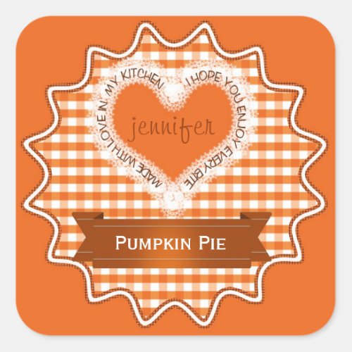 Made With Love Gingham Orange Square Sticker