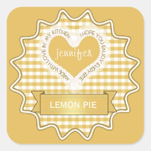 Made With Love Gingham Yellow Square Sticker