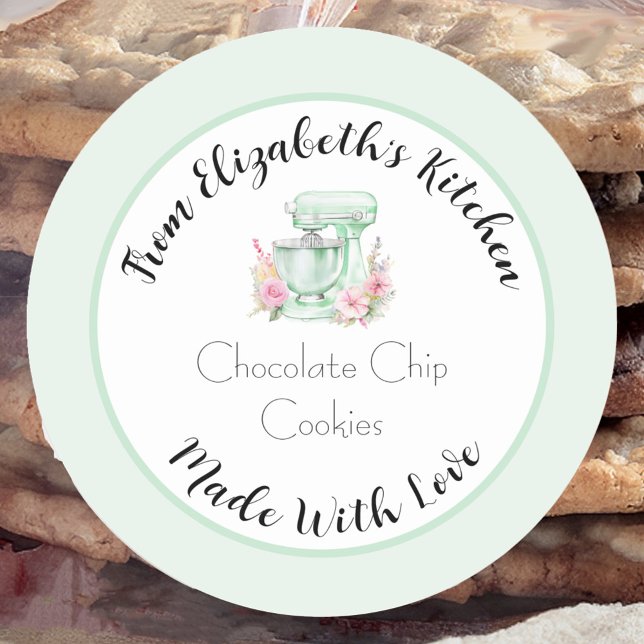 Made With Love Green Floral Mixer Home Baked Gift Classic Round Sticker (Creator Uploaded)