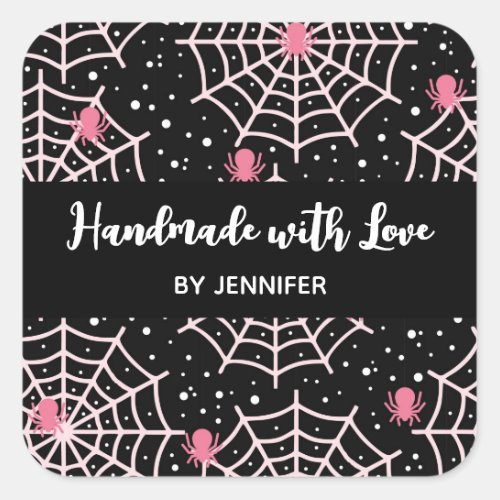 Made with Love Halloween Cobwebs  Spiders Pattern Square Sticker