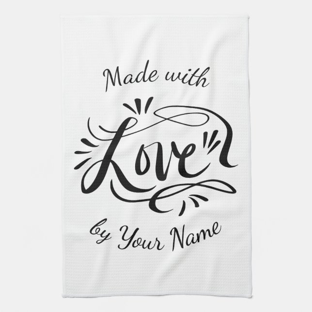 Made with love hand lettered artisan kitchen towel (Vertical)