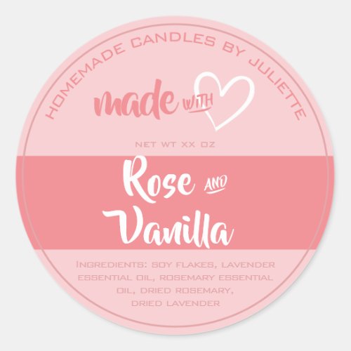 Made with Love Heart Candles Packaging Rose Pink Classic Round Sticker