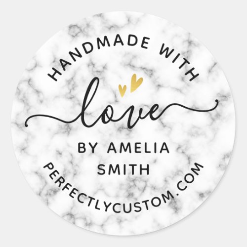 Made with love heart name URL classy marble Classic Round Sticker