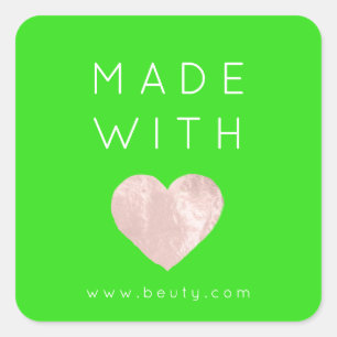 Made With Love Heart Pink Web Name Bright Green Square Sticker