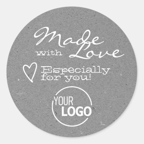Made with Love Heart Silver Gray Logo Template  Classic Round Sticker