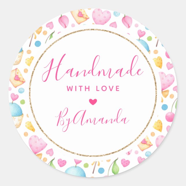 Made with Love Hearts and Muffins Pattern Classic Round Sticker (Front)