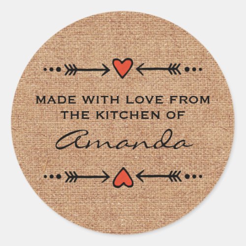Made with Love Hearts Arrows Kitchen Burlap Classic Round Sticker