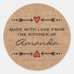 Made with Love Hearts Arrows Kitchen Burlap Classic Round Sticker