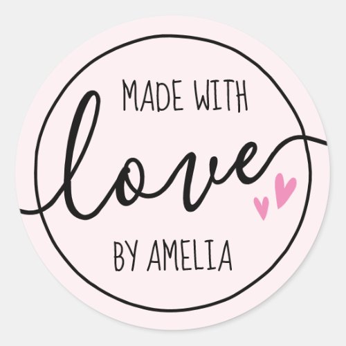Made with love hearts custom name pale pink classic round sticker