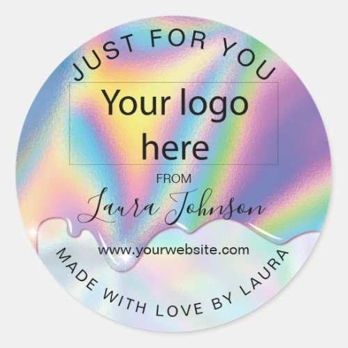 made with love holograph drips add your logo classic round sticker