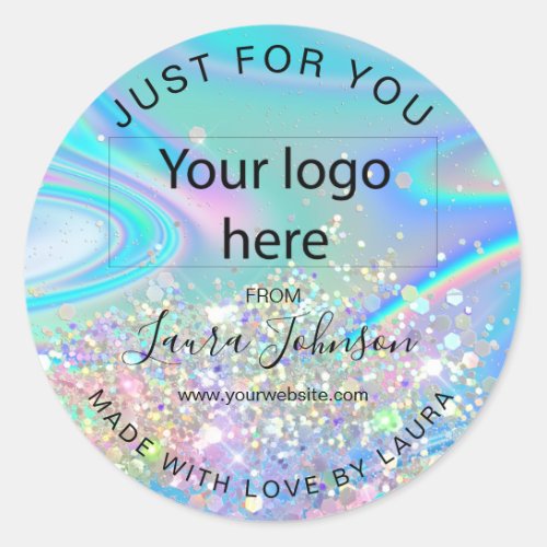 made with love holograph foil add your logo classi classic round sticker