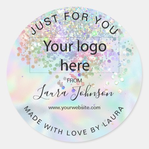 made with love holograph foil add your logo classic round sticker