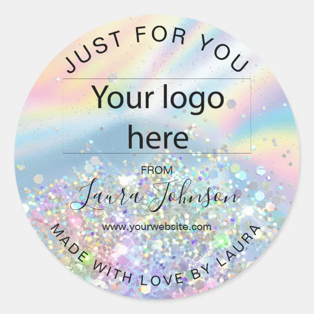 made with love holograph foil add your logo classic round sticker | Zazzle