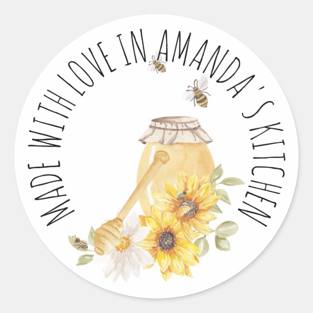 Made With Love Honey Jar Floral Classic  Round Sticker (Front)