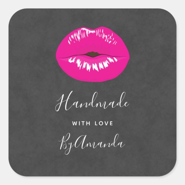 Made with Love Hot Pink Lips Glamorous Square Sticker (Front)