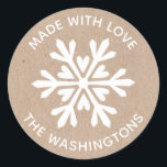 Made with Love Kraft Christmas Snowflake Sticker<br><div class="desc">A kraft paper and white snowflake sticker with the words Made with love.  Personalize it with your family name. Fun for your homemade or handmade Christmas neighbor treats and gifts,  or for your craft business. Designed for you by Blackberry Boulevard.</div>