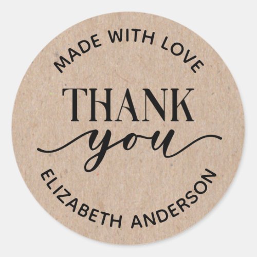 Made With Love Kraft Paper Thank you  Classic Round Sticker
