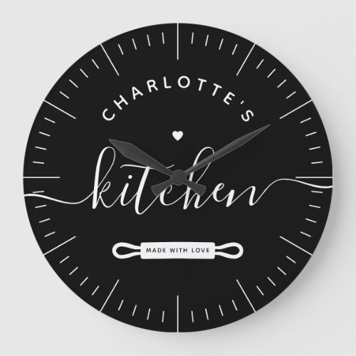 Made With Love Modern Black Custom Name Kitchen Large Clock