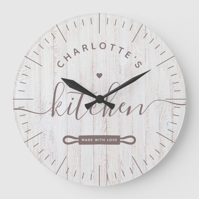 Made With Love Modern Chic White Grey Wood Kitchen Large Clock (Front)