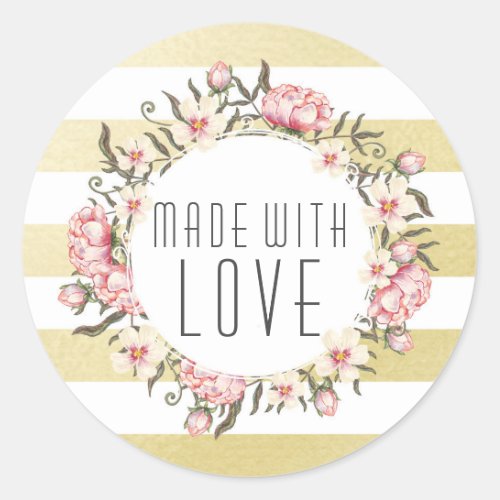 Made With Love Modern Gold Stripes  Pink Floral Classic Round Sticker