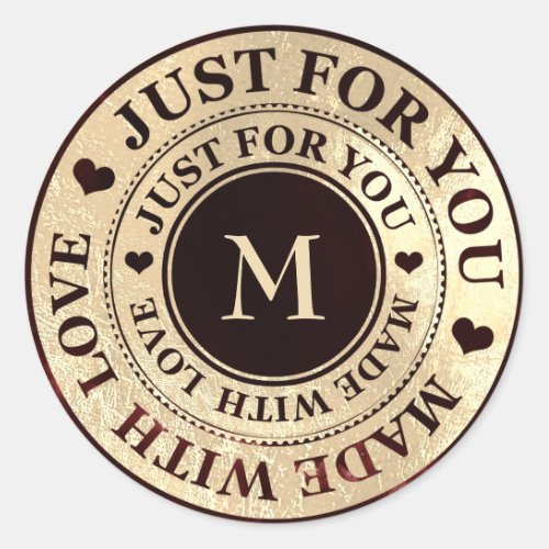 Made With Love Monogram Black Gold Burgundy Red Classic Round Sticker