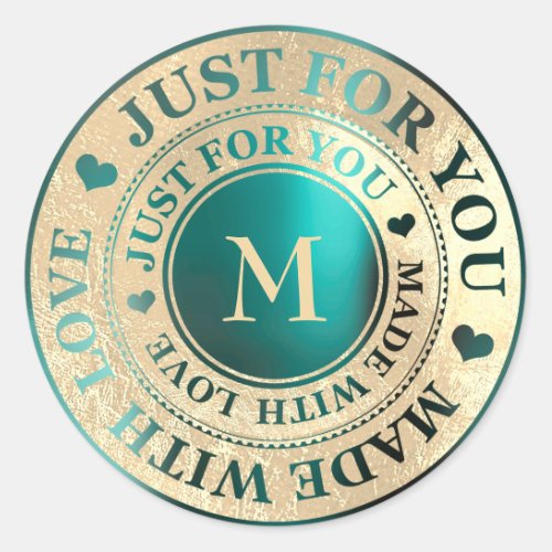 Made With Love Monogram Gold Teal Metallic Classic Round Sticker