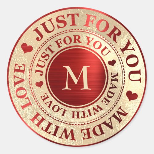 Made With Love Monogram Red Gold Metallic Classic Round Sticker