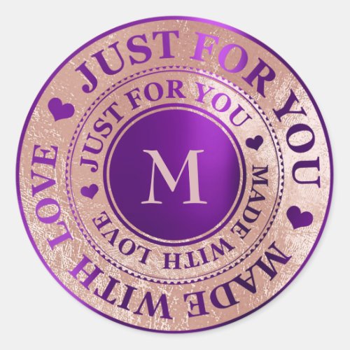 Made With Love Monogram Rose Gold Amethyst Purple Classic Round Sticker