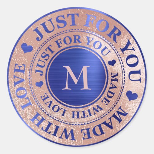 Made With Love Monogram Rose Gold Cobalt Blue Classic Round Sticker