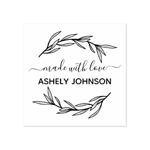 Made with Love Name Laurel Leaf Rubber Stamp