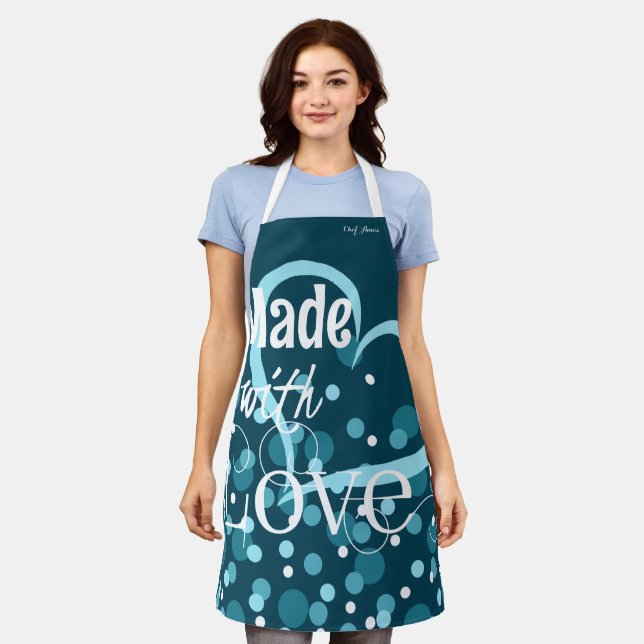 Made With Love Personalized Apron in Dark Teal (Worn)