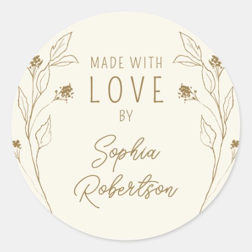 Made with Love Personalized Line Art Gold on Cream Classic Round Sticker