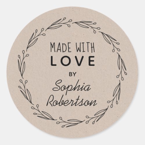 Made with Love Personalized Line Art Kraft Product Classic Round Sticker
