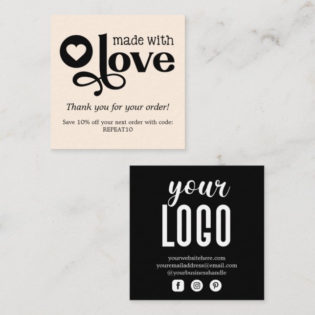 Made with Love Personalized Order Thank You Square Square Business Card (Front/Back)