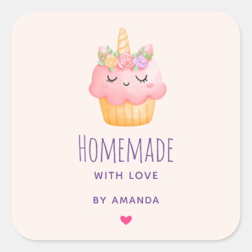 Made with Love Pink Cupcake Unicorn with Roses Square Sticker