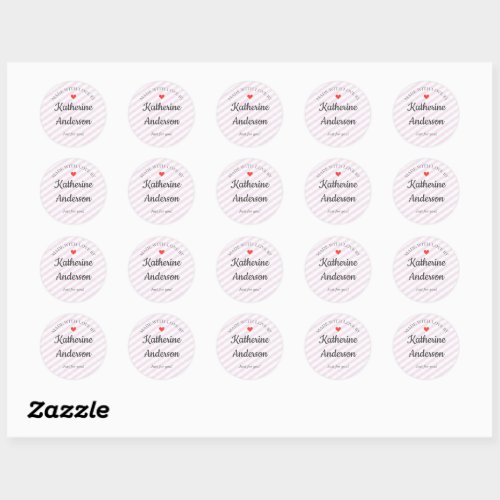 Made with Love pink stripes Personalized Gift  Classic Round Sticker