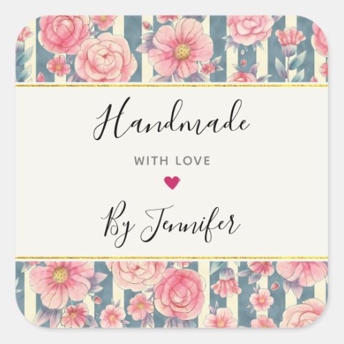 Made with Love Pink Watercolor Flowers on Stripes Square Sticker
