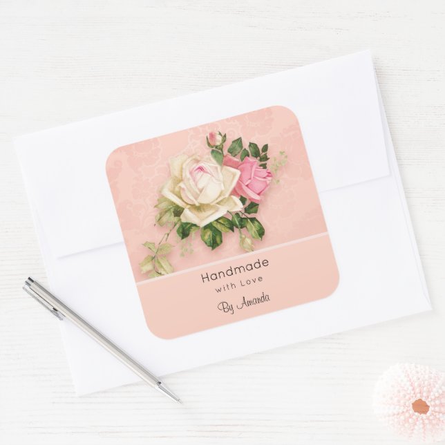 Made with Love Pink & White Rose Bouquet Square Sticker (Envelope)